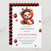 Teddy Bear Ladybug Stripes Girl Babydusche Einladung (Vorne/Hinten)