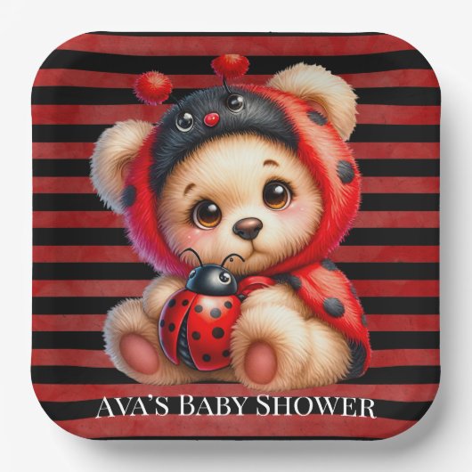Teddy Bear Ladybug Stripes Girl Babydusche Pappteller (Vorderseite)