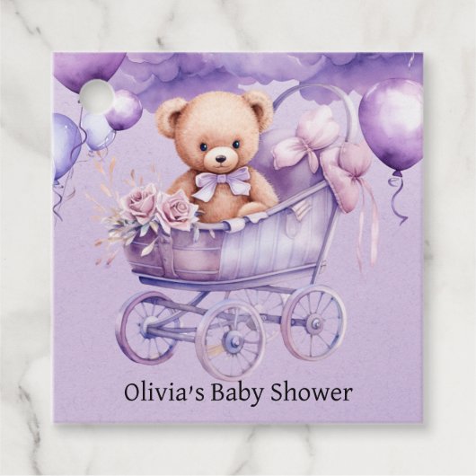 Teddy Bear Lavender Carriage Girl Babydusche Geschenkanhänger (Vorderseite)