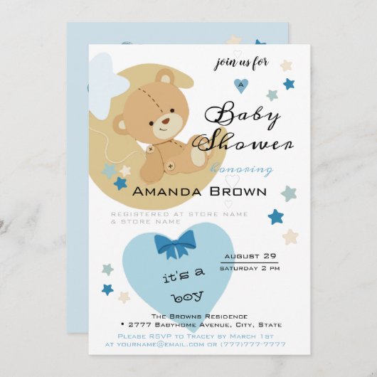 Teddy Bear Liebe Baby Boy Dusche | Einladung (Vorne/Hinten)