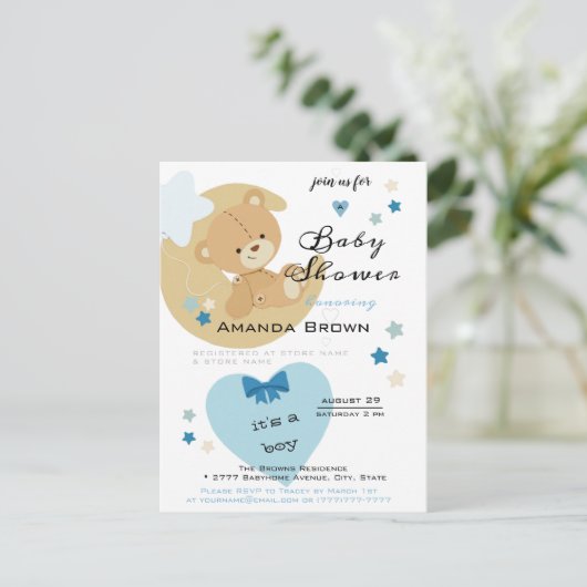 Teddy Bear Liebe Baby Boy Dusche Einladung Postkarte (Stehend Vorderseite)