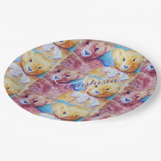 TEDDY BEAR LIEBE MONOGRAMM PARTY PAPPTELLER (Schrägansicht)