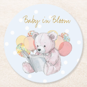 Teddy Bear liest ein Buch Baby in Bloom Runder Pappuntersetzer
