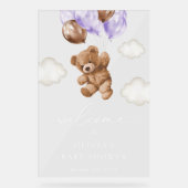 Teddy Bear, Lila Balloons, Babydusche Willkommen Acrylschild (Vorderseite)