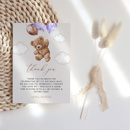 Teddy Bear, Lila Balloons, erster Geburtstag Dankeskarte