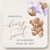 Teddy Bear, Lila Balloons, erster Geburtstag Getränkeuntersetzer (Vorderseite)