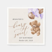 Teddy Bear, Lila Balloons, erster Geburtstag Serviette (Vorderseite)