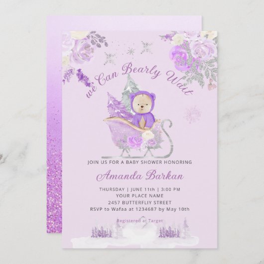 Teddy Bear lila blumengeschmückt Bearly Wait Baby Einladung (Vorne/Hinten)