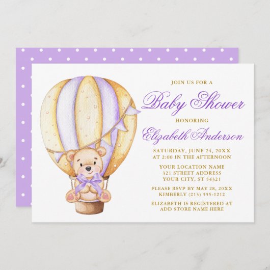 Teddy Bear Lila Bow Air Ballon Dots Baby Dusche Einladung (Vorne/Hinten)