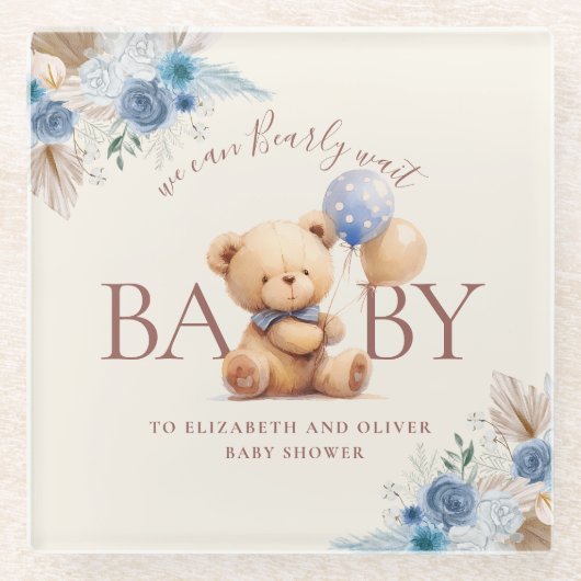 Teddy Bear mit Balloon Boho Blue Rose Babydusche Glasuntersetzer (Vorderseite)