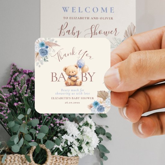 Teddy Bear mit Balloon Boho Blue Rose Babydusche Quadratischer Aufkleber