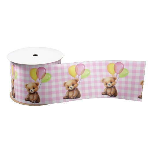 Teddy Bear mit Balloons auf Gingham Satinband (Spule)