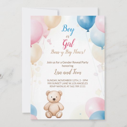 Teddy Bear mit Balloons Baby Shower Gender Reveal Einladung (Vorderseite)