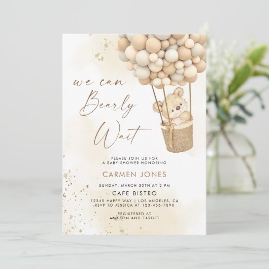 Teddy Bear mit Balloons Babydusche Einladung (Stehend Vorderseite)