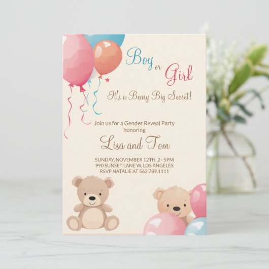 Teddy Bear mit Balloons Boy oder Girl Gender Revea Einladung (Stehend Vorderseite)