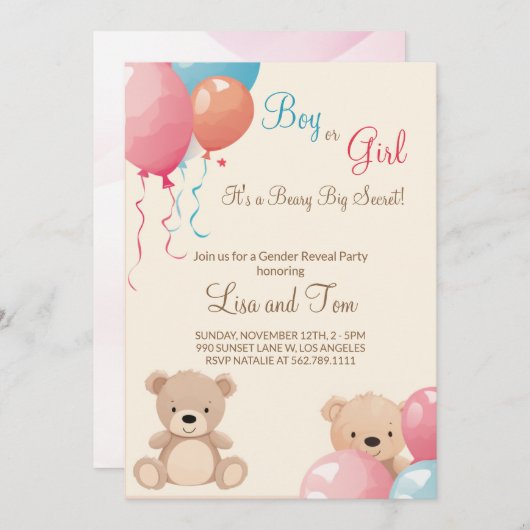 Teddy Bear mit Balloons Boy oder Girl Gender Revea Einladung (Vorne/Hinten)