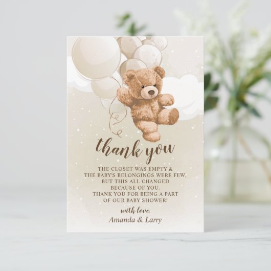 Teddy Bear mit Balloons Danke Karte (Stehend Vorderseite)