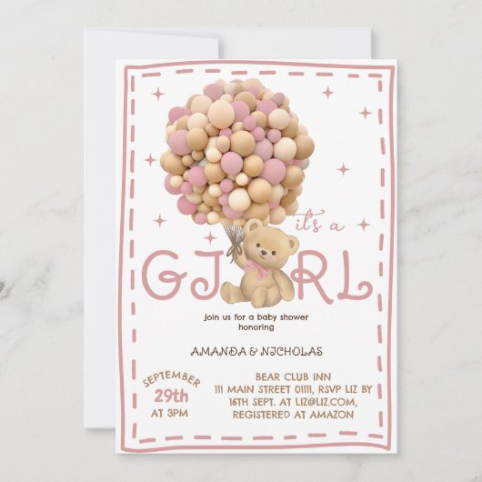 Teddy Bear mit Balloons Pink Baby Girl Dusche Einladung (Vorderseite)