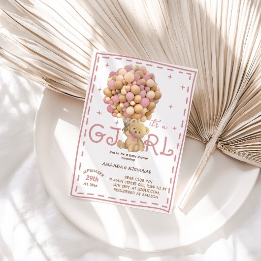 Teddy Bear mit Balloons Pink Baby Girl Dusche Einladung