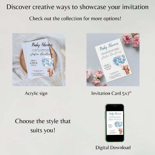 Teddy Bear mit Balloons Spanische Babydusche Weiß Einladung