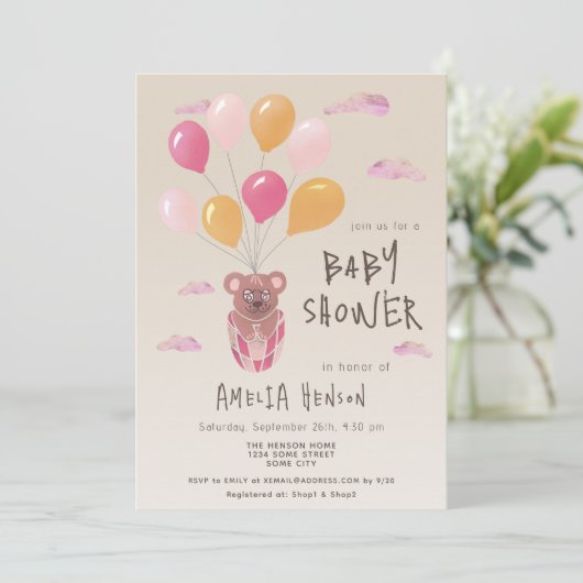 Teddy Bear mit Balloons Zeichnend Babydusche Einladung (Stehend Vorderseite)