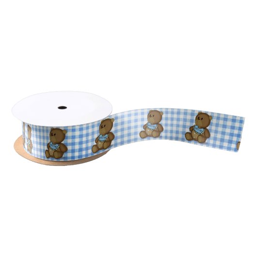 Teddy Bear mit Bib auf Blue Gingham Satinband (Spule)