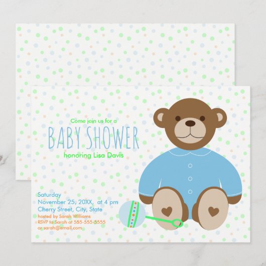 Teddy Bear mit Blauer Babydusche Einladung (Vorne/Hinten)
