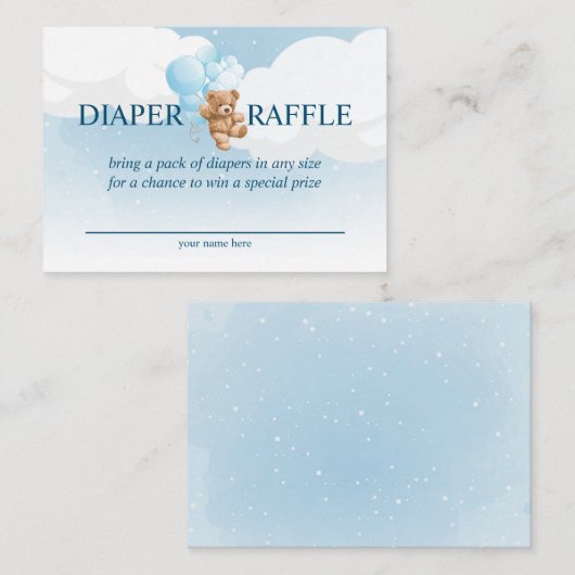 Teddy Bear mit Blue Balloons Diaper Raffekarte Begleitkarte (Vorne/Hinten)