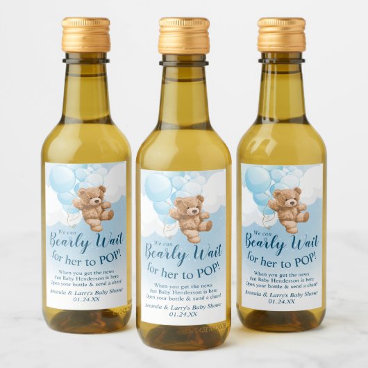 Teddy Bear mit Blue Balloons Mini Wine Label Weinetikett (Flaschen)