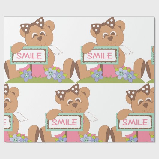 Teddy Bear mit Bow Holding Smile Sign Geschenkpapier (Flach)