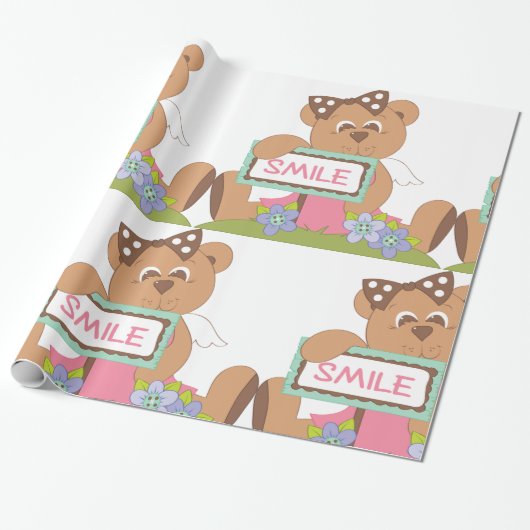 Teddy Bear mit Bow Holding Smile Sign Geschenkpapier (Ungerollt)