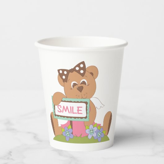 Teddy Bear mit Bow Holding Smile Sign Pappbecher (Vorderseite)