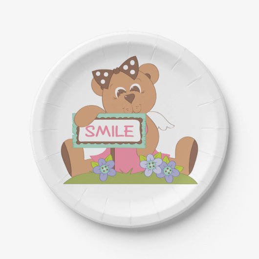 Teddy Bear mit Bow Holding Smile Sign Pappteller (Vorderseite)