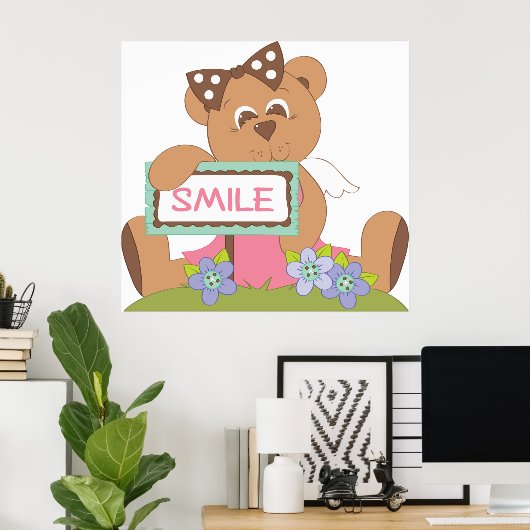 Teddy Bear mit Bow Holding Smile Sign Poster (Heimbüro)