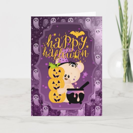 Teddy Bear mit Cauldron - Happy Halloween Karte (Vorderseite)