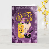 Teddy Bear mit Cauldron - Happy Halloween Karte (Gelbe Blume)