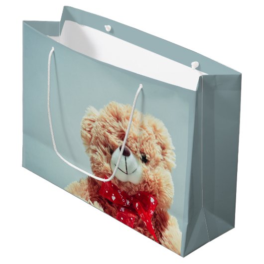 Teddy Bear mit einem Roten Bow Große Geschenktüte (Vorderseite Schrägansicht)