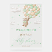 Teddy Bear mit Green Balloons Baby Dusche Willkomm Acrylschild (Vorderseite)