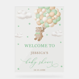 Teddy Bear mit Green Balloons Baby Dusche Willkomm Acrylschild