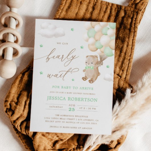 Teddy Bear mit Green Balloons Babydusche Einladung