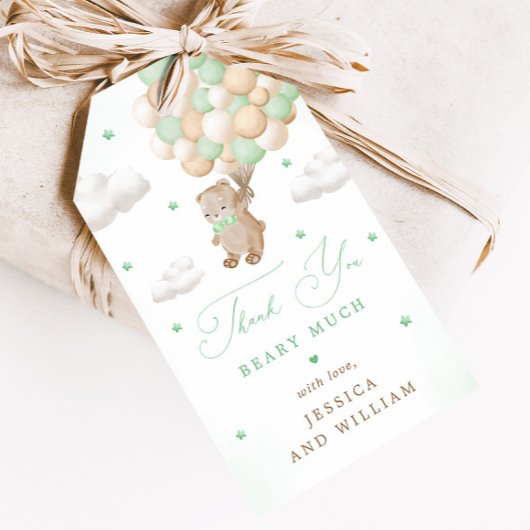 Teddy Bear mit Green Balloons Babydusche Geschenkanhänger