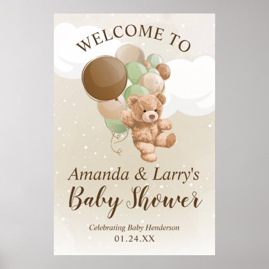 Teddy Bear mit grünen und braunen Balloons Willkom Poster (Vorne)