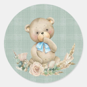 Teddy Bear mit grüner Pink Rose Boy Baby Dusche Runder Aufkleber