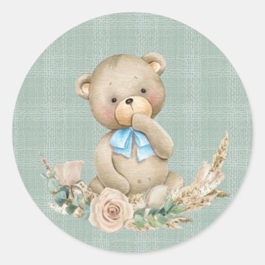 Teddy Bear mit grüner Pink Rose Boy Baby Dusche Runder Aufkleber (Vorderseite)