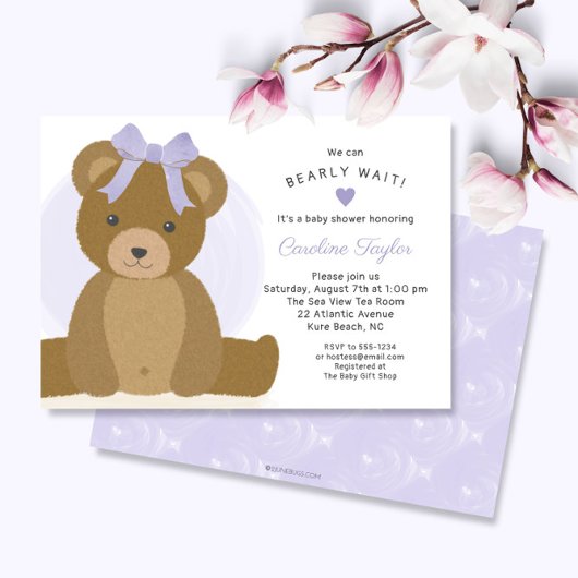 Teddy Bear mit Niedlicher Lila Bow Girl Baby Dusch Einladung