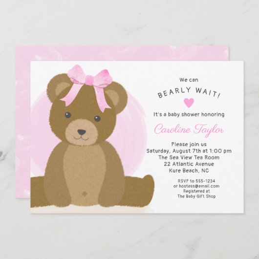 Teddy Bear mit Niedlicher Pink Bow Baby Girl Dusch Einladung (Vorne/Hinten)