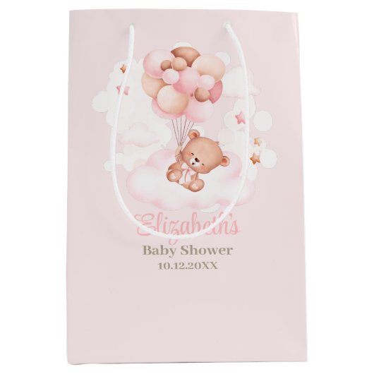 Teddy Bear mit Pink Balloons Babydusche Mittlere Geschenktüte (Vorderseite)