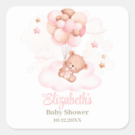 Teddy Bear mit Pink Balloons Babydusche Quadratischer Aufkleber