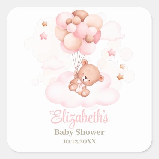 Teddy Bear mit Pink Balloons Babydusche Quadratischer Aufkleber (Vorderseite)