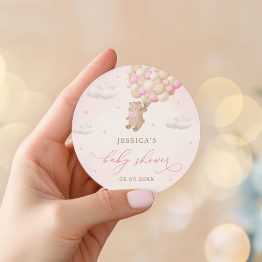 Teddy Bear mit Pink Balloons Babydusche Runder Aufkleber